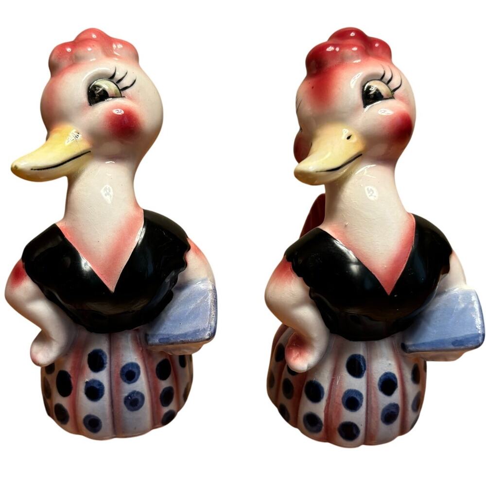 Vintage Colorful Mother Goose Ducks in Dress Ceramic Salt and Pepper Shakers Set
